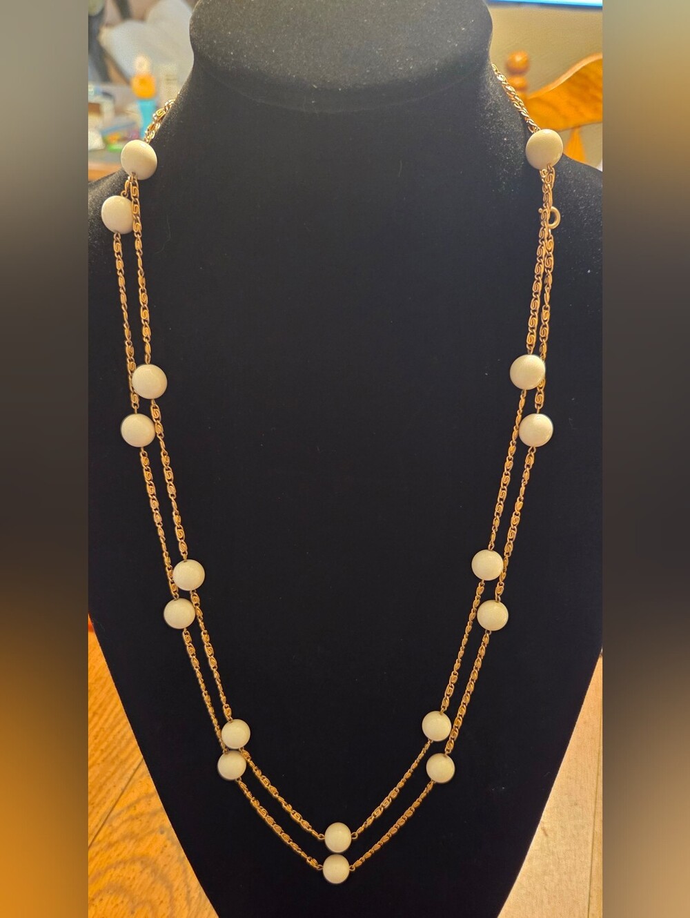 Vintage Gold-Tone Chain Necklace with White Beads